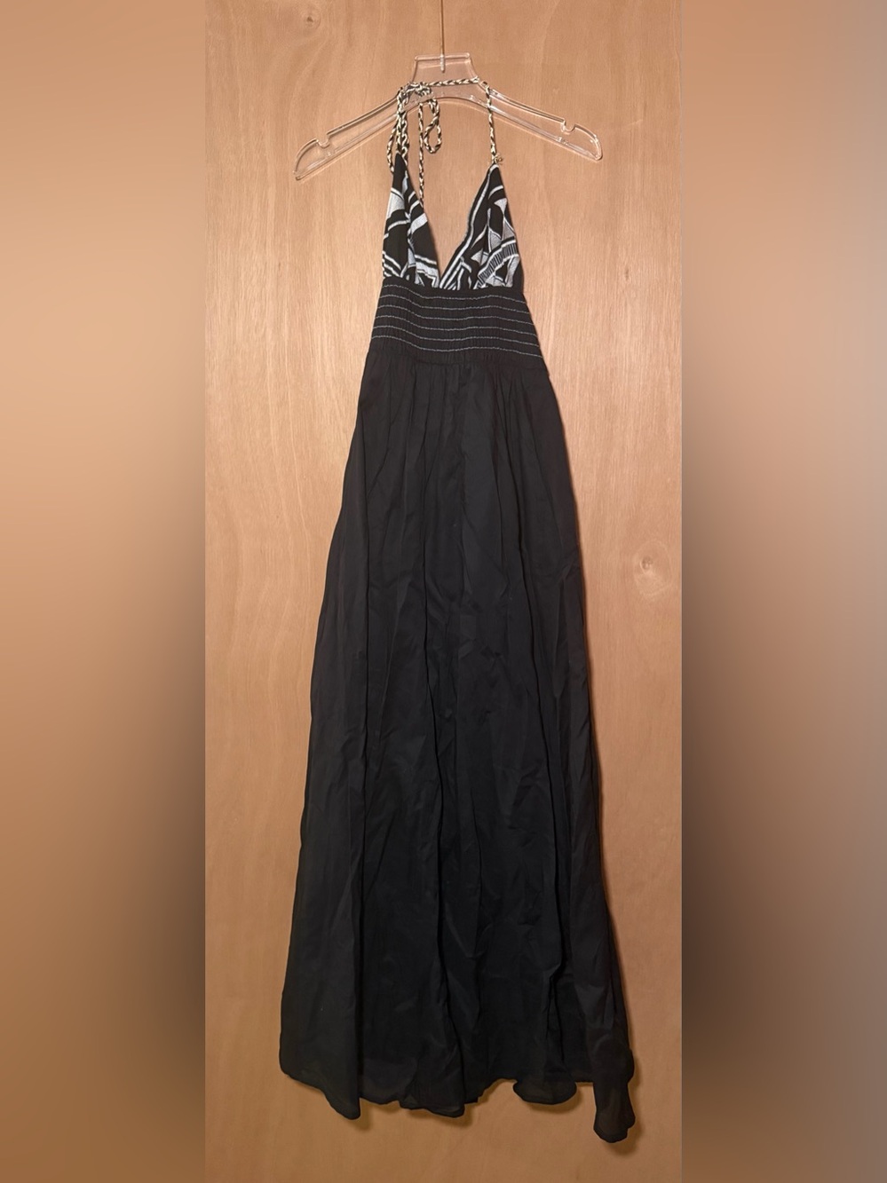Smocked Waist Black Maxi Skirt with Patterned Halter Bodice